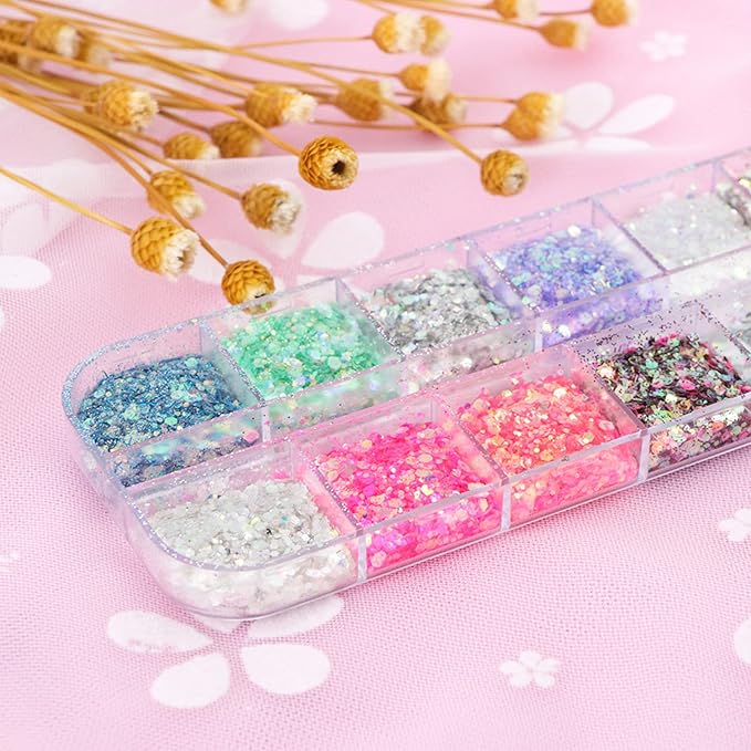 Colorful Glitter Nail Art Sequins, 12 Colors Iridescent Nail Flakes Decorations, Holographic Ultra-Thin Hexagon Powder Nail Art Design for Women Girls Manicure Sparkly Acrylic Supplies, Nail Art Tips