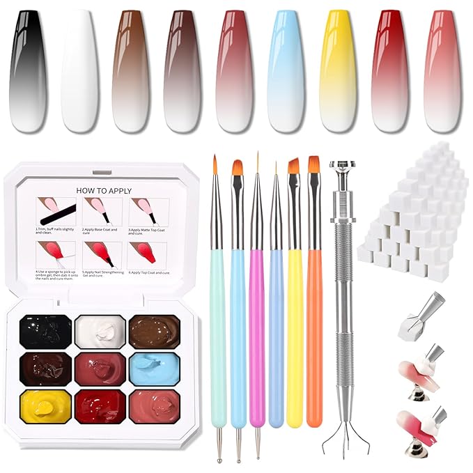 Sponge Pat Paint Nail Gel & Tools Kit, 9 Colors Ombre Nails Gradient Gel Nail Blush Blooming Aura Nails Drawing Stripper Floral Painting Nail Art, No Wipe, UV/LED Curing (9 Colors Set D)