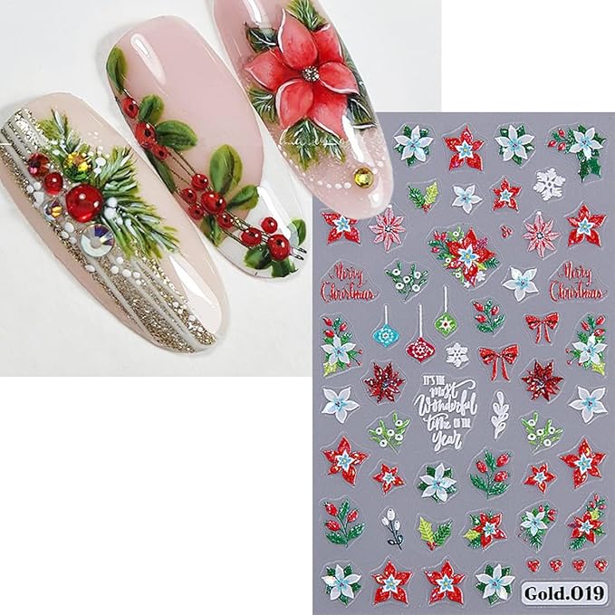 2 Sheets Christmas Nail Stickers for Nail Art 5D Embossed Flower Nail Art Stickers with Snowflake Bow Cherry Leaf Design Winter Nail Decals Nail Art Supplies for Women Acrylic Manicure Decorations