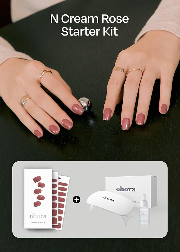 ohora Semi-Cured Gel Nail Strips Value Set (N Cream Rose Starter Kit) Includes Full Size Lamp and Mini Remover, Salon-Quality, Long Lasting, Easy to Apply & Remove