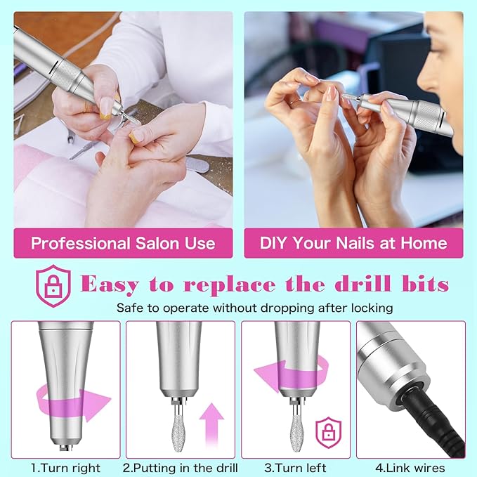 Professional Nail Drill Machine: 45000 RPM, LCD Display, Rechargeable Battery, for Acrylic & Gel Nails - Perfect for Salon and Home Use (White Gold)