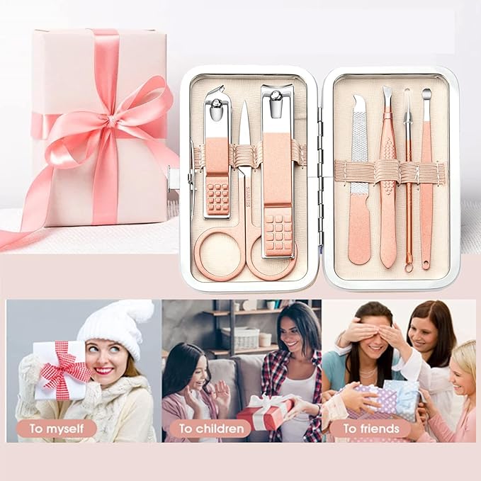 Manicure Set Nail Clipper Set Stainless Steel Women Men Toe Finger Nail Clippers Personal Care Tools with Portable Travel Case Manicure Pedicure Tools Women Men Grooming Kit Present(Rose Gold)