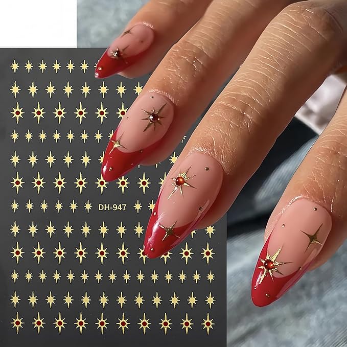 5 Sheets Star Nail Art Stickers 3D Self-Adhesive Gold Stars Starlight Nail Stickers with Red Rhinestones Design Nail Decals Star Moon Nails Sticker for Women Daily DIY Manicure Decoration