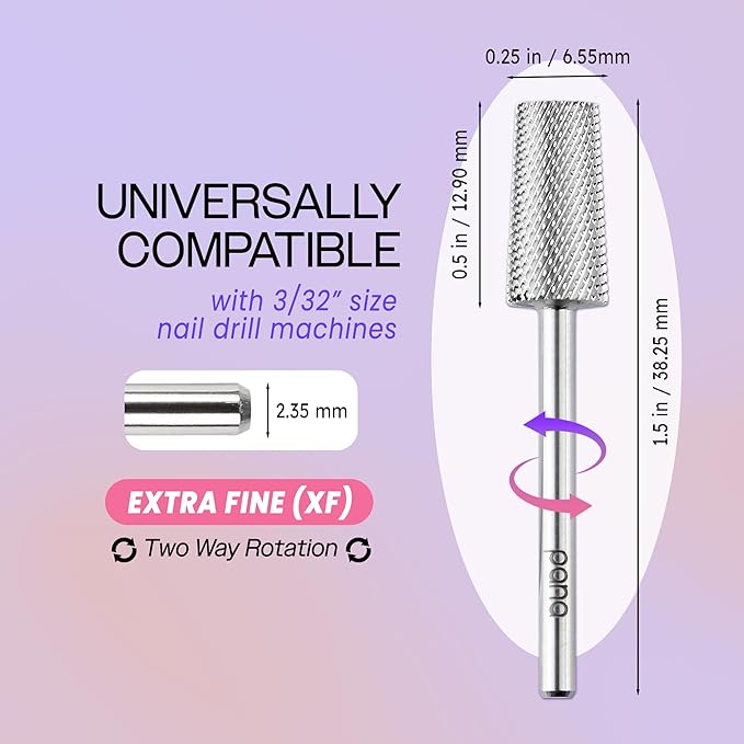 PANA Tapered Barrel Carbide 3/32" Shank Size - (Silver, Extra Fine Grit) - Fast remove Acrylic or Hard Gel Nail Drill Bit for Manicure Pedicure Salon Professional or Beginner