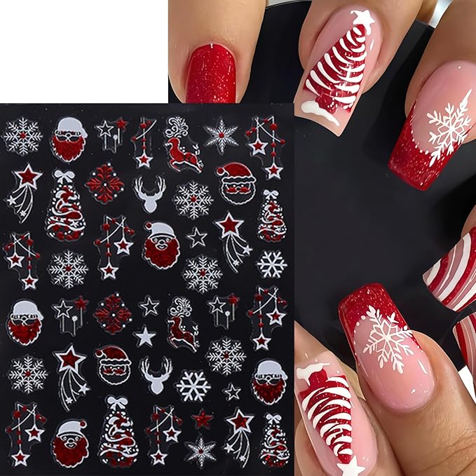 9 Sheets New Year Nail Stickers 3D Self-Adhesive Santa Claus Christmas Snowflake Nail Decals Elk Bow Xmas Tree Snowball Nail Art Stickers Butterfly Star Nail Decoration Supplies for Women Nail Designs