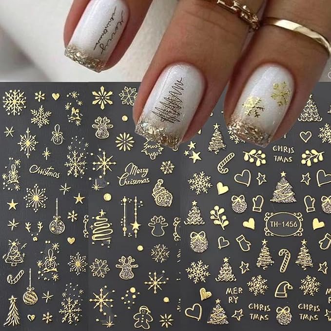 Christmas Nail Art Stickers 3D Gold Crystal Ball Snowflake Tree Christmas Nail Stickers 6PCS Candy Cane Cute Elk Self-Adhesive Xmas Nail Decals Sliders New Year Holiday Nail Art Supplies for Women