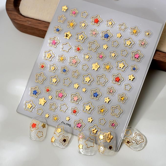 Metallic Five-Pointed Star Nail Art Stickers, Gold Hollow Love Star Nail Stickers Pentagram Self Adhesive Nail Art Supplies Cute Stars Nail Sticker for Women DIY Manicure Decoration Accessories