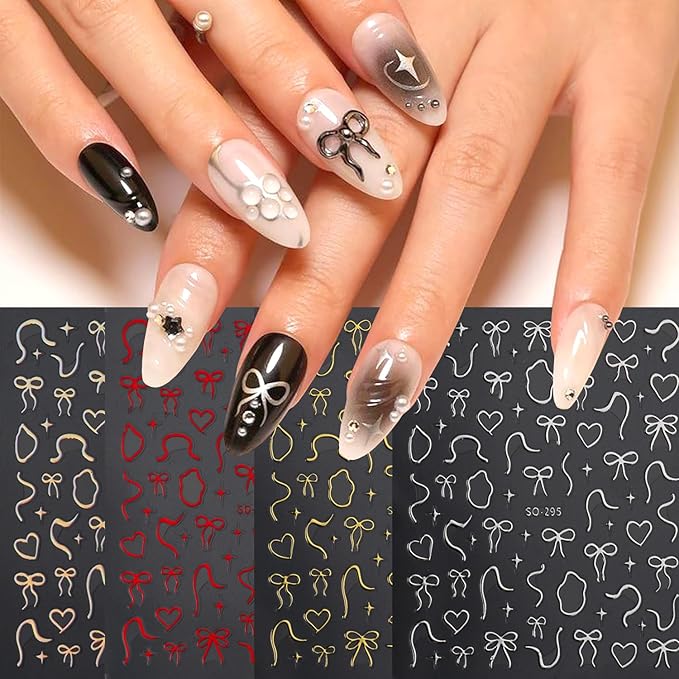 4Sheets Gold Silver Bows Nail Art Stickers 3D Cute Red Bows Heart Nail Decals for Acrylic Nails Self-Adhesive Irregular Lines Designs Nail Stickers Love Star Nail Decal for Women DIY Manicure Decor