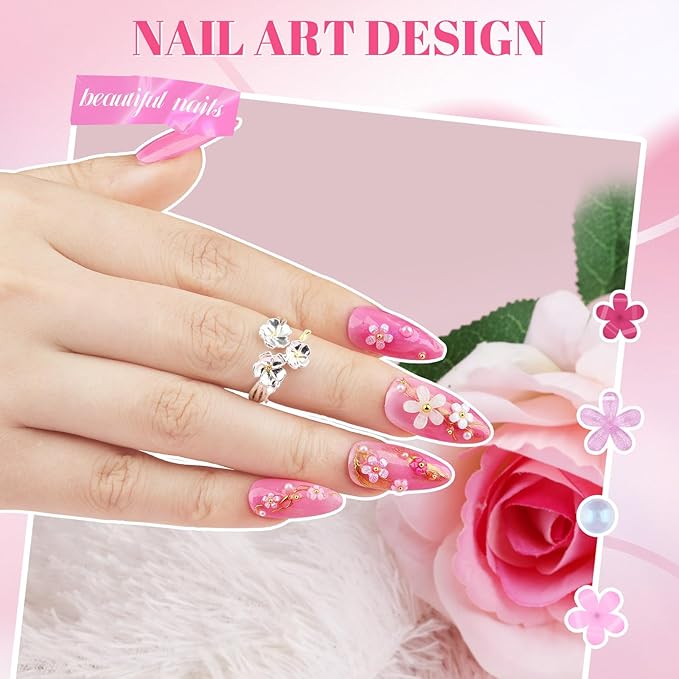 2 Boxes 3D Flower Nail Charms and Nail Beads & Bubble Beads - Rose Nail Flower Charms Pink Cherry Blossom Petal Silver/Gold Caviar Bead Mixed Sizes Glass Bubble with Nail Chain (7-S2-Mixed4)