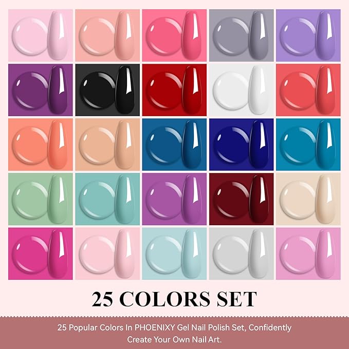 phoenixy Gel Nail Polish 25+5 PCS Gel Nail Polish Kit with Base Coat Glossy Matte Gold Glitter and Silver Glitter Top Coat Pink Red Green Starter Gift for Women