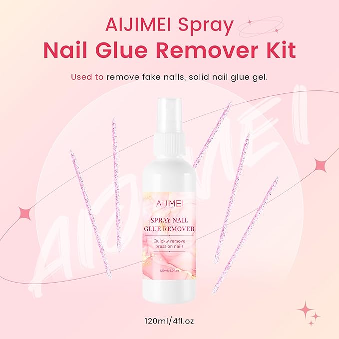 AIJIMEI Spray Nail Glue Remover Kit 4fl.oz NailGlue Remover for Press onNails with 5pcs Nail Crystal Rods for Quickly Remove NailGlue Gel Remover(120ML)