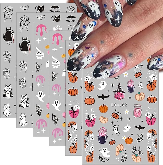 6 Sheets Halloween Nail Art Stickers Cute Spooky Pumpkin 3D Self-Adhesive Nail Decals Spider Nail Design Stickers Bat cat Nail Stickers for Women Girls Halloween DIY Acrylic Manicure Salon