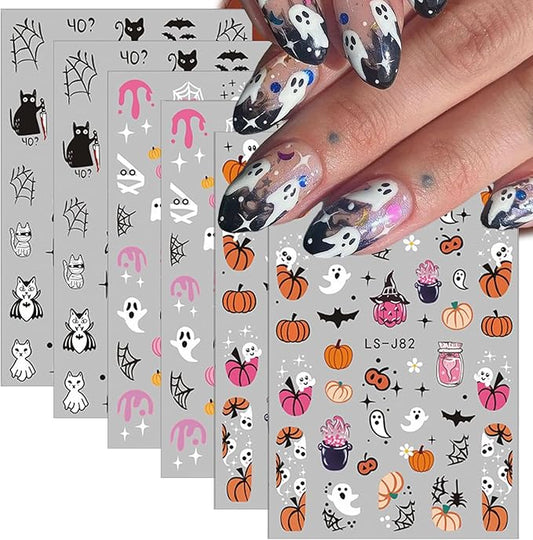 6 Sheets Halloween Nail Art Stickers Cute Spooky Pumpkin 3D Self-Adhesive Nail Decals Spider Nail Design Stickers Bat cat Nail Stickers for Women Girls Halloween DIY Acrylic Manicure Salon