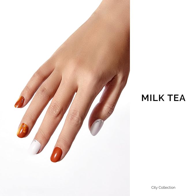 NAILOG Semi Cured Gel Strips - 34 Pcs Nail Stickers Buy 2 Get 1 UV Light | Long Lasting Wraps With Glossy Gel Finish Reddish Brown, Milk Tea