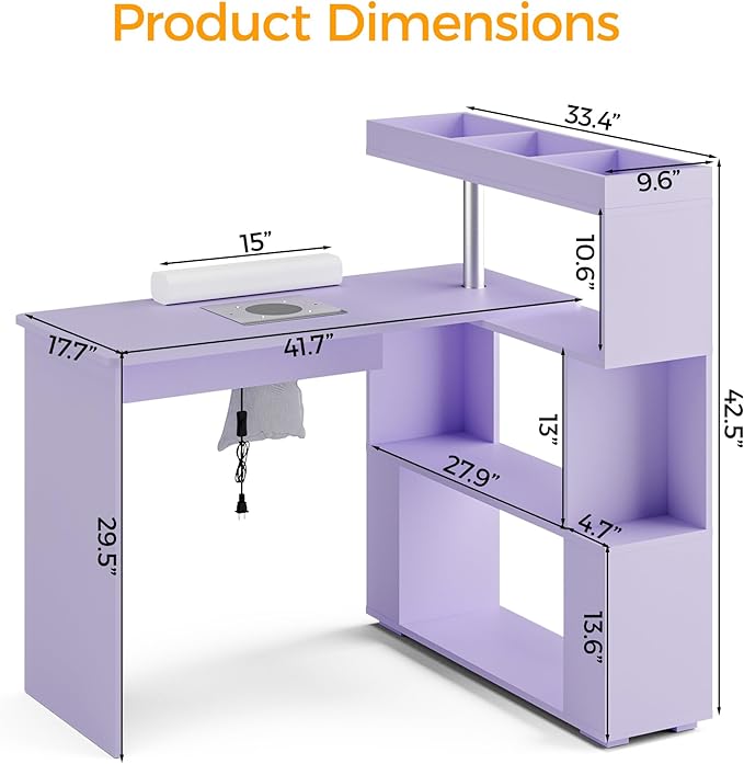 Manicure Table, L-Shaped Nail Tech Desk with Dust Collector, Reversible Rotating Table & Storage Shelf, Acetone Resistant Beauty Salon Station, Purple