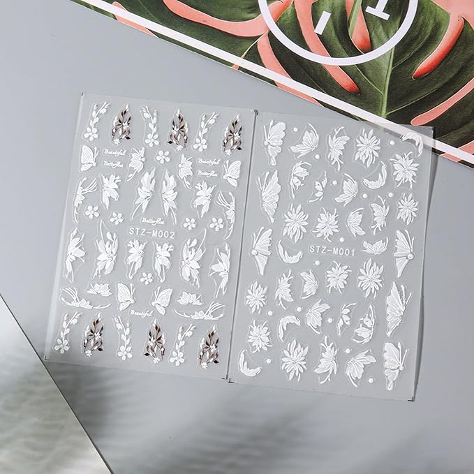2Pcs Flower Nail Stickers for Nails Art White Magnolia Flowers Nail Art Stickers Decals Summer Butterfly Self-Adhesive Design Nail Supplies for Women Manicure Accessories