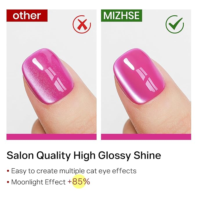 MIZHSE Cat Eye Gel Nail Polish, Pink Magnetic Gel Polish Set with Magnet Stick, Glossy Finish Neon Hot Pink Soak Off Nail Art Manicure Salon DIY Home Women Gift