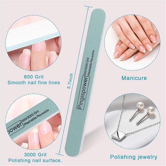 Nail File, 10PCS Professional Reusable Nail Files and Buffers 600/3000 Grit for Natural Nails, Double Sided & Washable Manicure Tools Kit for Women Home & Salon