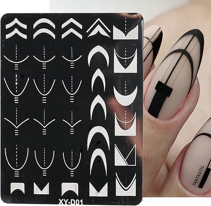 6Pcs Nail Art Stamping Templates Set with French Line Flowers Leaves Smiley Heart Design Art Stamping Kits DIY Printing Tools Fashion Art Decoration for Women and Girls