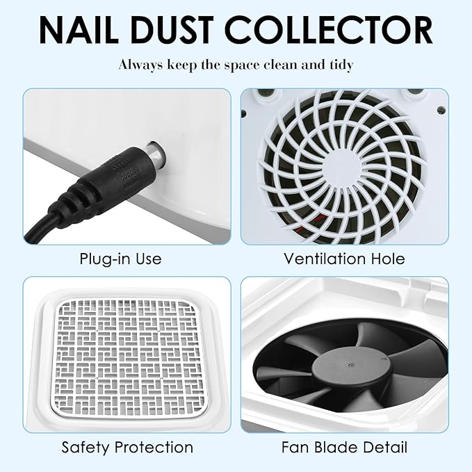 80W Nail Dust Collector with Reusable Filter for Acrylic Gel Nails, Vacuum Fan Dust Collector for Beginner, Adjustable Nail Vacuum Suction Fan for Manicure Pedicure at Salon or Home