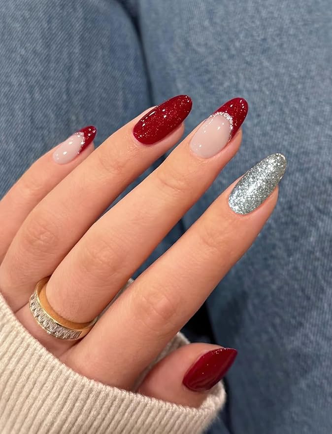 Semi Cured Gel Nail Strips, 20pcs Red Glitter Wraps Work with UV for Home Nail Art DIY, Easy to Use and Remove