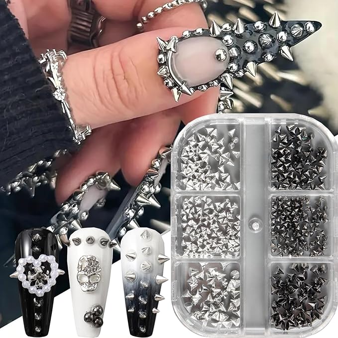 6 Grids Punk Bullet Rivet Nail Charm,3D Alloy Flat Bottomed Pointed Cone Mixed Black Silver Nail Art Rhinestones Studs DIY Crafts Nail Art Charm Spike Nails for Women DIY Nail Decoration Accessories