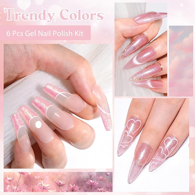 MEET ACROSS Gel Nail Polish Set 6 Pcs Glitter Colors Gel Nail Kit Art Design Soak Off UV LED (SET-7, 6pcs)