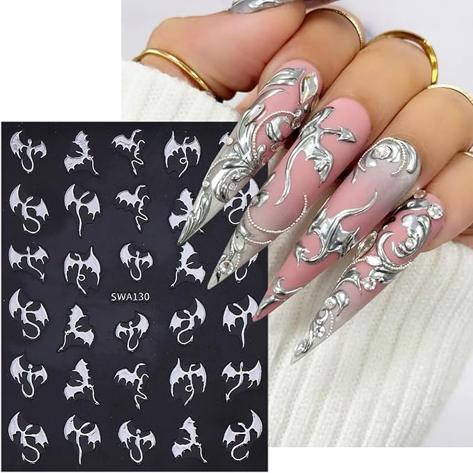 6 Sheets Halloween Nail Stickers for Nail Art Horror Bat Nail Decals Gold Silver Holographic Laser Gothic Dragon Nail Art Stickers 3D Self-Adhesive Halloween Bats Nail Design Supplies for Women