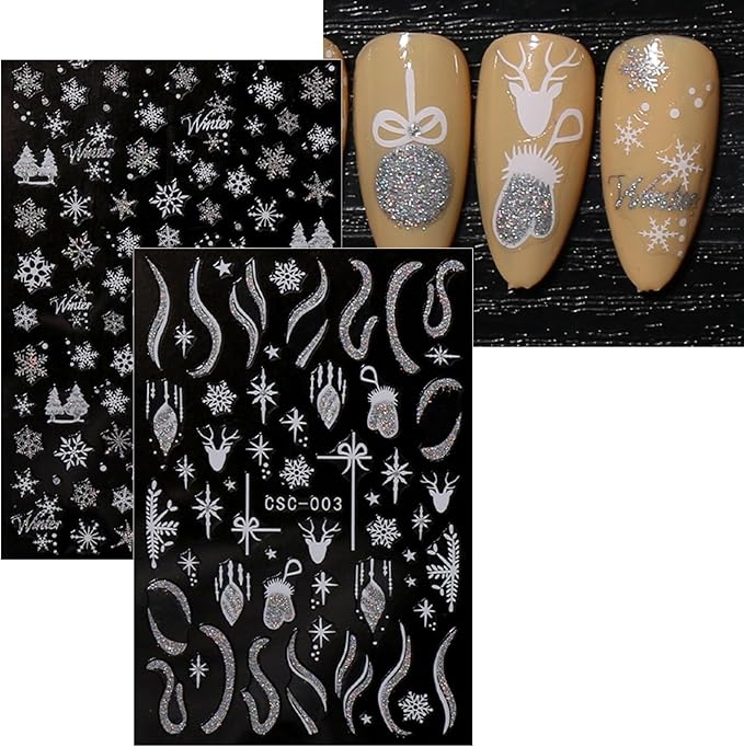 JMEOWIO 8 Sheets Christmas Glitter Nail Art Stickers Decals Self-Adhesive Snowflake Winter Holiday Cute Silver White Nail Supplies Nail Art Design Decoration Accessories