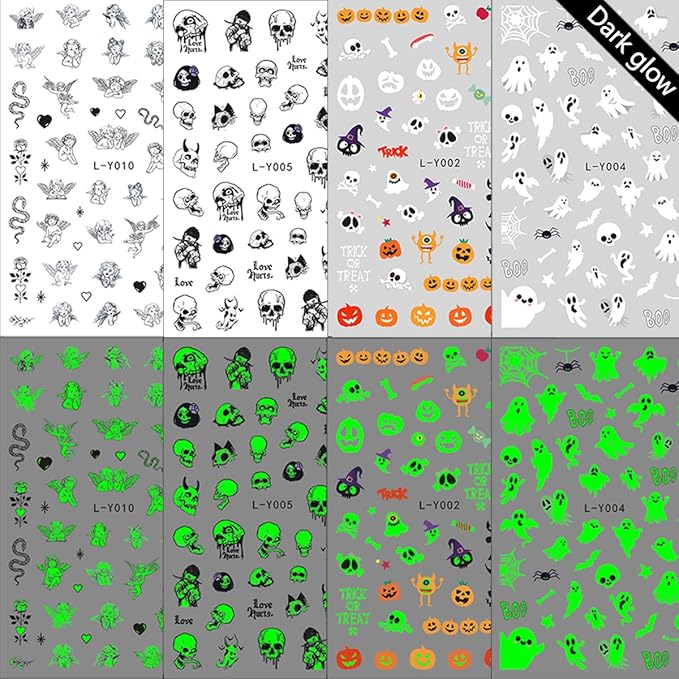 4 Sheets Halloween Nail Art Stickers Luminous Halloween Nail Stickers Glow in Dark Nail Art Design White Spooky Nail Decoration Cute Ghost Bat Spider Nail Decals for Women Girls Holiday DIY