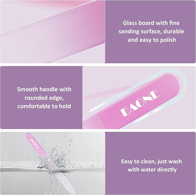 EAONE Crystal Glass Nail File with Case 3 Pack, Double-Sided Etched Fingernail Files for Natural Nails Professional Footnail Care Tool, Stocking Stuffers for Women Girls Gifts