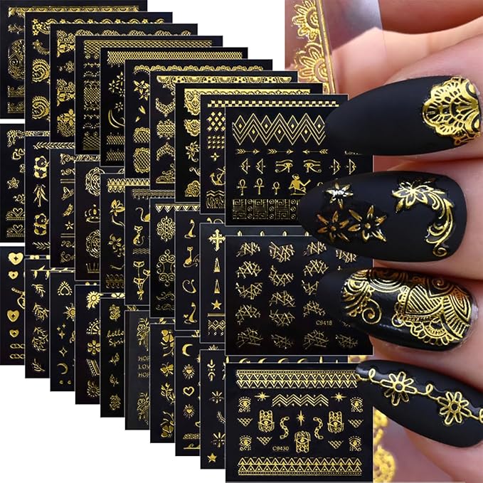 30 Sheets Gold Nail Art Stickers 3D Self-Adhesive Gold Lace Cat Flower Star Moon Heart Nail Decals 3D Gold Retro Hollow Nail Stickers Nail Art Design for Women DIY Acrylic Nails Decoration