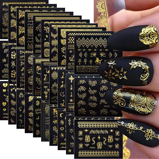 30 Sheets Gold Nail Art Stickers 3D Self-Adhesive Gold Lace Cat Flower Star Moon Heart Nail Decals 3D Gold Retro Hollow Nail Stickers Nail Art Design for Women DIY Acrylic Nails Decoration