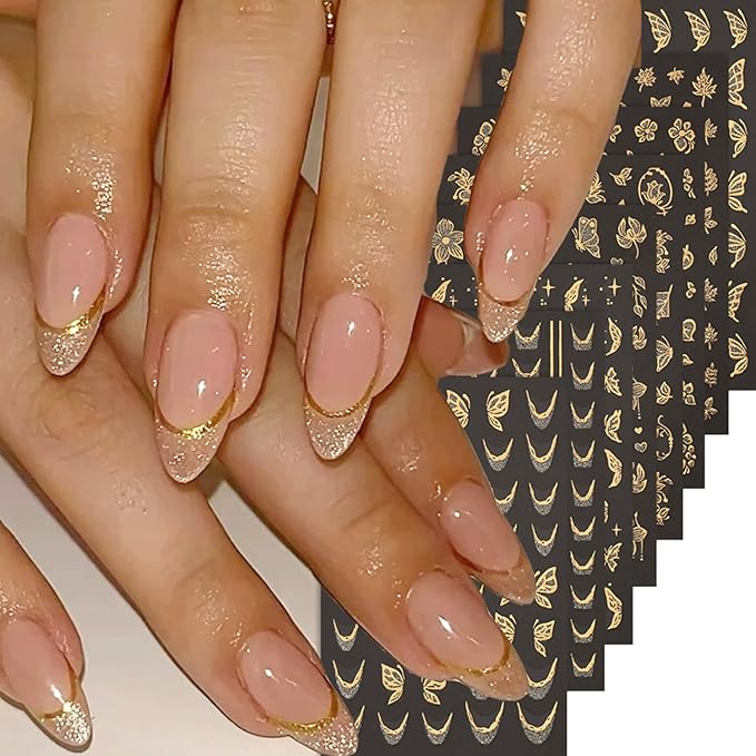 8 Sheets Fall Maple Leaf Nail Art Stickers Decals Gold French Tip Nails Stickers Butterfly Nails Decal Self-Adhesive Flower Nail Art Decal for Women Manicure Decor
