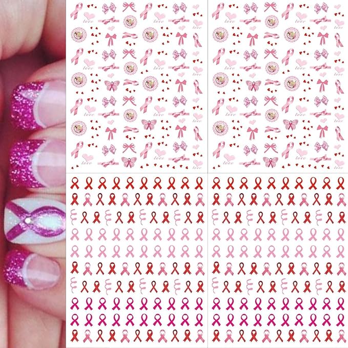 Breast Cancer Awareness Nail Decals - 4 Sheets Self-Adhesive Pink Ribbon Designs for Women DIY Supplies