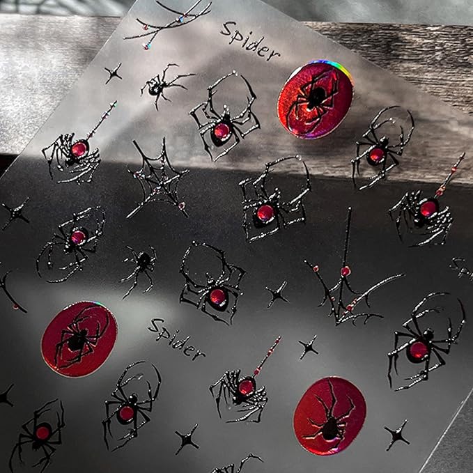 1Sheet Halloween Spider Nail Stickers for Nail Art Spider Web Nail Art Stickers 5D Embossed Halloween Nail Decals with Crystal Red Spider Web Nail Designs Manicure Decor for Women Manicure Supplies