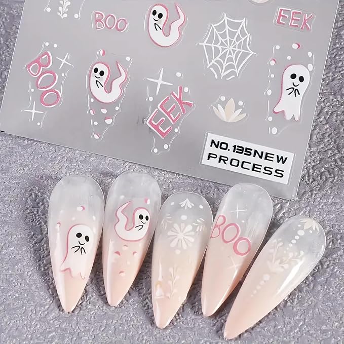 2Pcs Halloween Nail Art Stickers 5D Embossed Halloween Ghost Nail Decals Cute Ghost Spider Web Totem Pattern Designs Self Adhesive Horror Nail Supplies for Women Manicure Tip Decorations Accessories