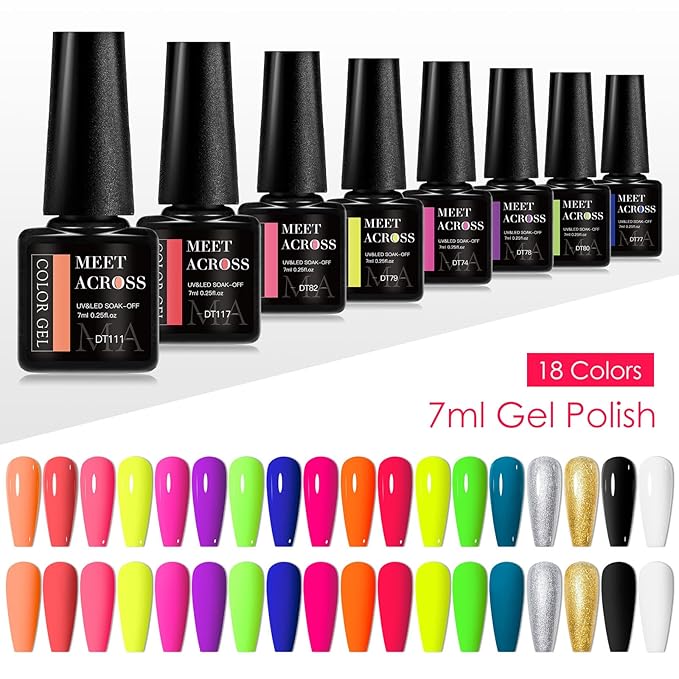 MEET ACROSS 18pcs Gel Nail Polish Set Soak Off UV LED Lamp Gel Nail Polish Kit (SET-5, 18pcs)