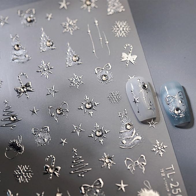 JMEOWIO 3D Embossed Christmas Holiday Snowflake Nail Art Stickers Decals Self-Adhesive 5D Nail Supplies Nail Art Design Decoration Accessories 1 Sheets