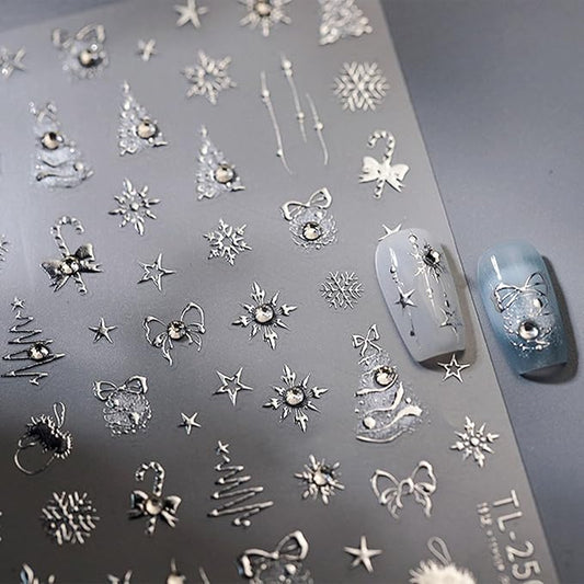 JMEOWIO 3D Embossed Christmas Holiday Snowflake Nail Art Stickers Decals Self-Adhesive 5D Nail Supplies Nail Art Design Decoration Accessories 1 Sheets