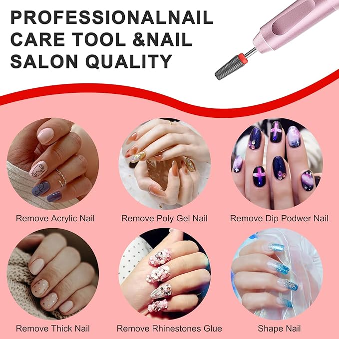 Nail Carbide 5 in 1 Bits 3/32" Professional Nail Drill Bit Two Way Rotate use for Manicure Pedicure Cuticle Gel Polishing Drill Machine (Fine - F, Silver)