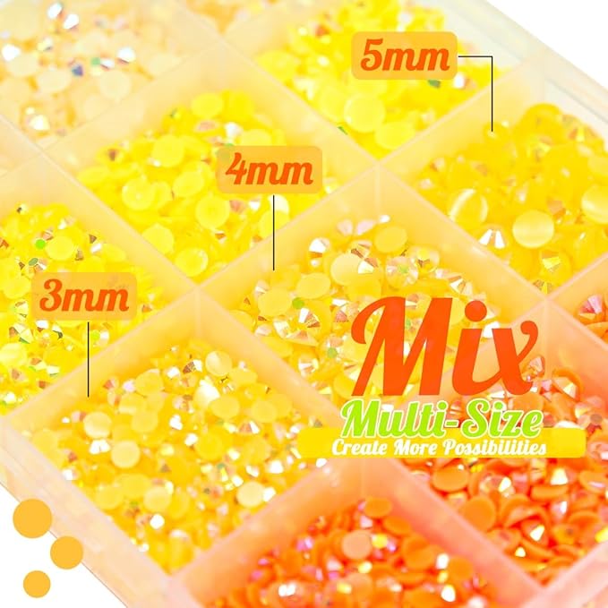 4 Color Jelly Resin Rhinestones Bulk 3mm 4mm 5mm Flatback Stones for Crafting Colorful AB Non-Hotfix Yellow Orange Resin Gems Diamonds Box for Crafts DIY Tumblers Bottles Nails Eyes Face Makeup