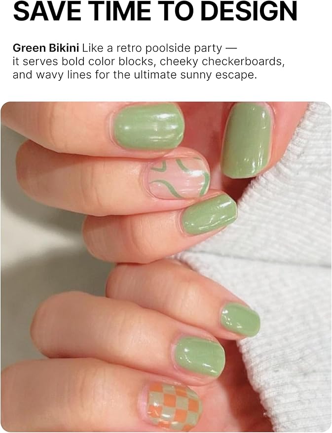 UUUUUU Semi Cured Gel Nail Strips | Salon-Quality | UV Free Gel Nail Wraps for Women | Easy Peel&Stick | Long-Lasting up to 14 Days | 28 Strips Set+File & Wipes | Gift-Ready (UGN059 Green Bikini)
