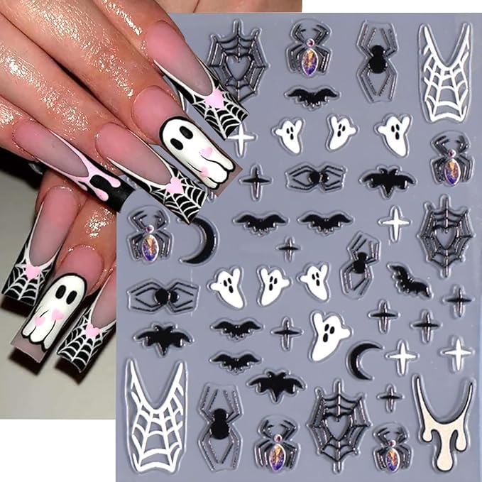 6 Sheets Halloween Nail Art Stickers 3D Self Adhesive Cute Ghost Spider Wed Nail Decals Gothic Bat Blood Nail Stickers Glitter Silver French Nail Design Decals Holiday Nail Art Supplies for Women