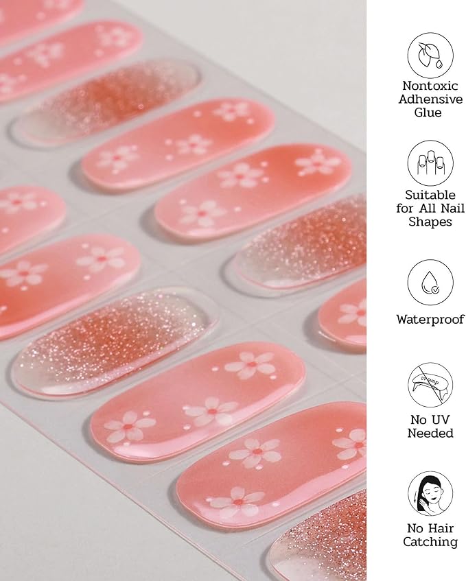 Nail Polish Strips - 22 Pcs Salon Quality Gel Nail Stickers - Long Lasting Wraps (Dusty Orange Flower)