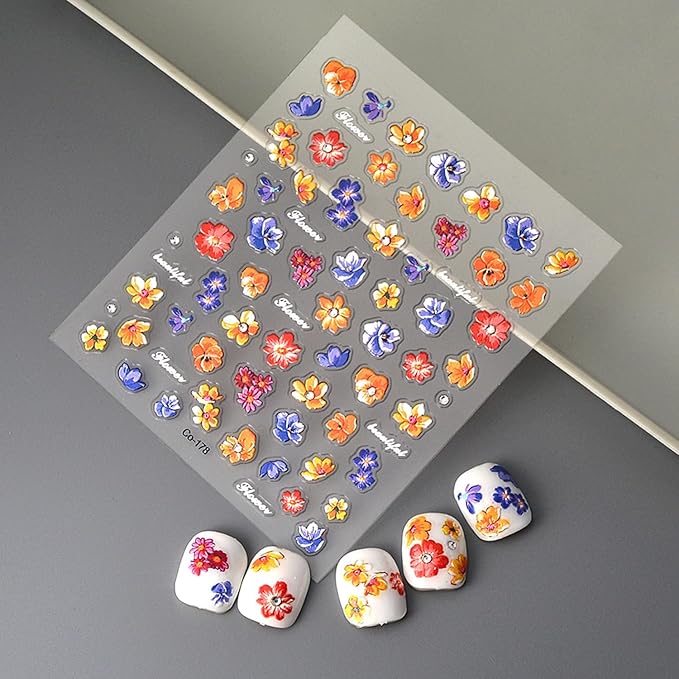 Flower Nail Stickers for Nail Art - 5D Embossed Flowers Nail Art Stickers Summer Floral Petals Rhinestones Embossed Nail Decals Self-Adhesive Manicure Sliders Flower Sticker for Nails Decoration