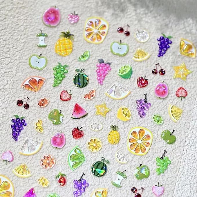 1 Sheets Summer Fruit Nail Art Stickers 5D Self-Adhesive Jelly Embossed Watermelon Grape Grapefruit Nail Decals Cute Pineapple Strawberry Cherry Nail Stickers for Women Girls Nails Decoration