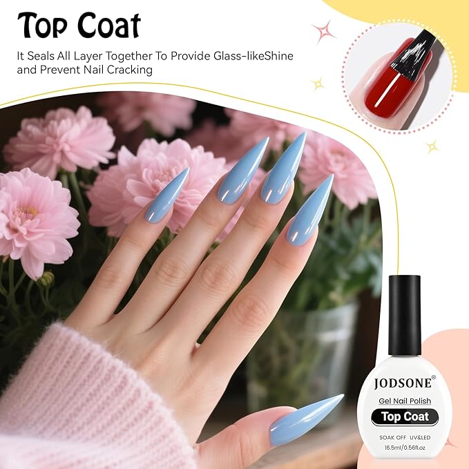 JODSONE 2Pcs 16.5ml Gel Top Coat No Wipe Clear Glossy Shine Finish Long Lasting No Soak Off Nail and Need U V Lamp Cured For Salon DIY Nail Art Design