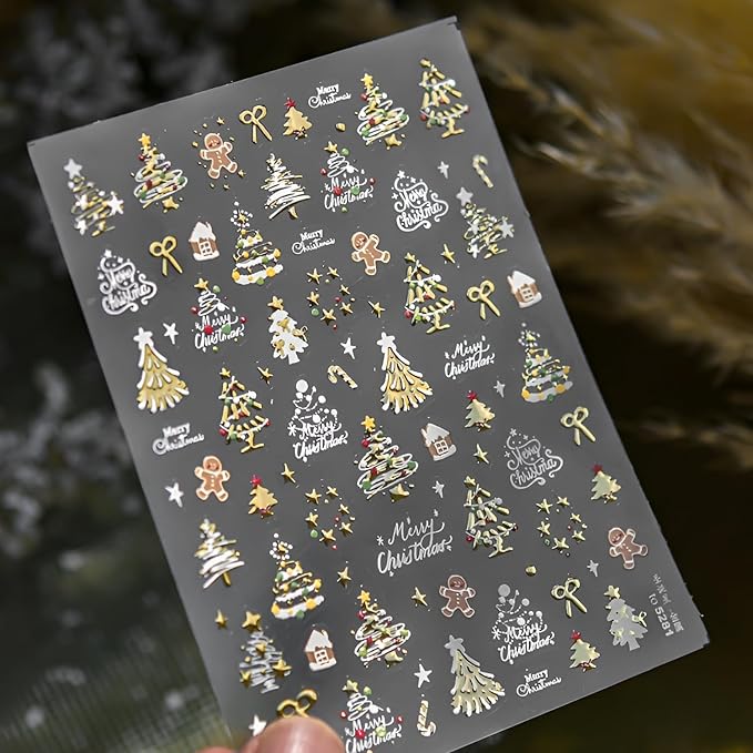 Christmas Nail Stickers Gold Nail Sticker for Nail Art Winter 5D Self-Adhesive Nail Decals Bow Gingerbread Man Nails Design Christmas Tree Nails Supplies Decoration for Women and Girls