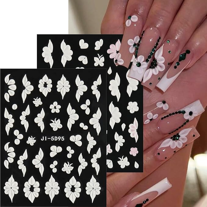 5D Embossed White Flowers Nail Stickers, 5 Sheets Self-Adhesive Floral Nail Decals, Spring Rose Butterfly Nail Art, 3D Acrylic Flowers for Manicure Decor